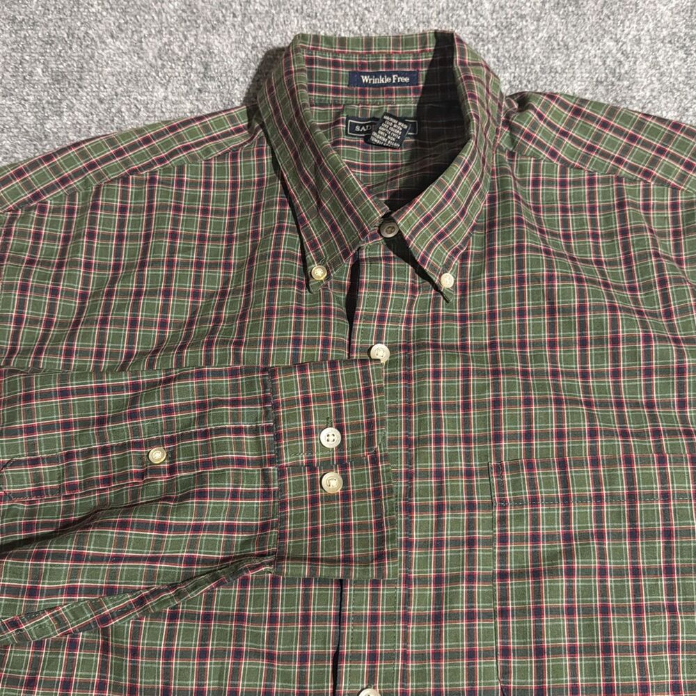 Saddlebred Shirt Mens XLT Green Plaid Button Down Long Sleeve Wrinkle Free